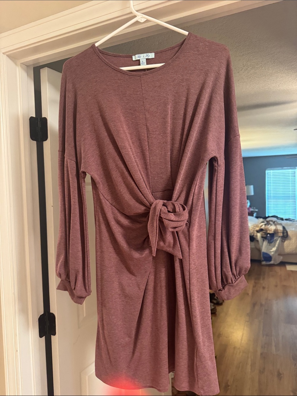 She + Sky Knot-Front Long Sleeve Dress in Mauve